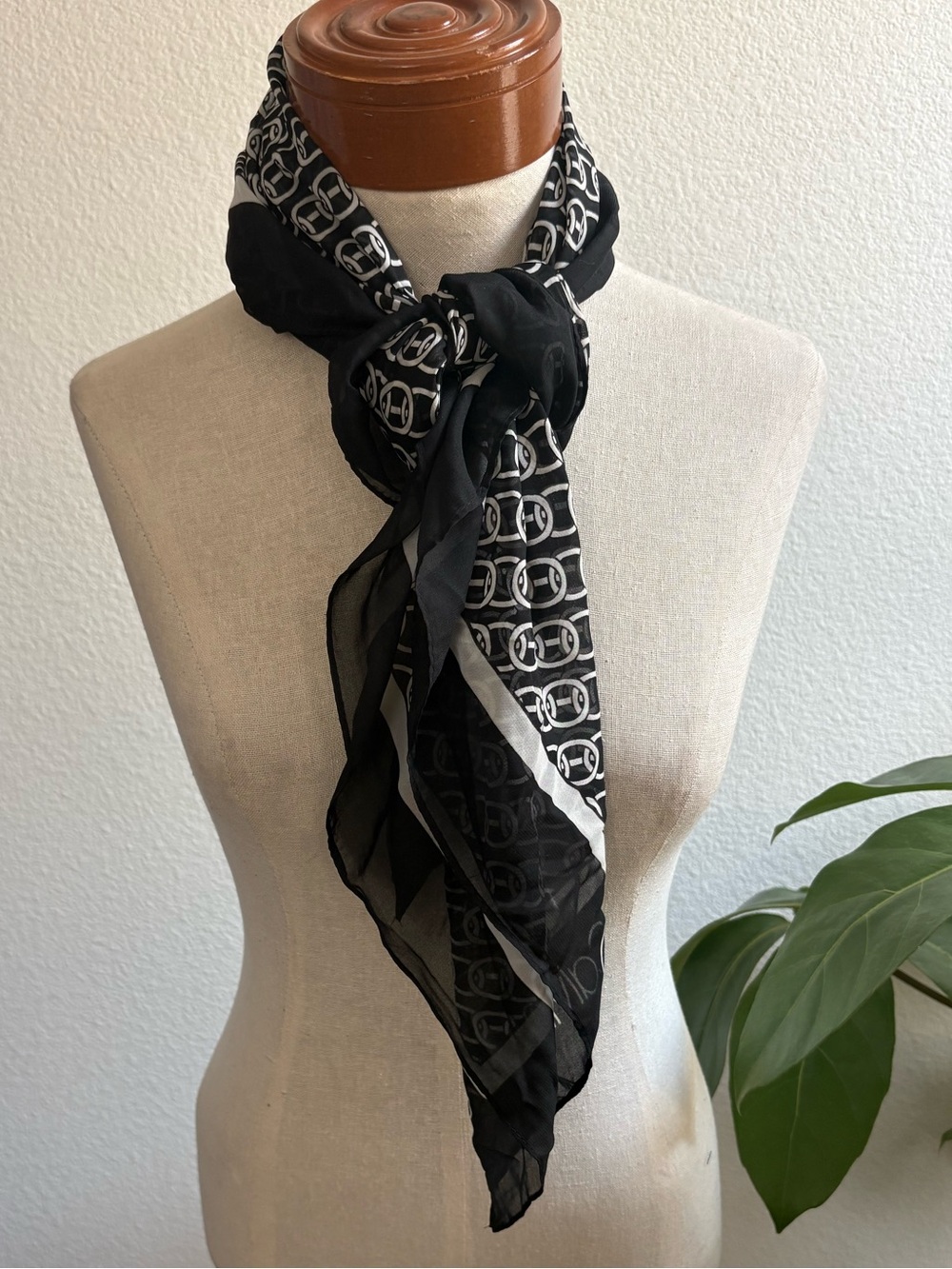 Calvin Klein Black and White Patterned Silk Scarf